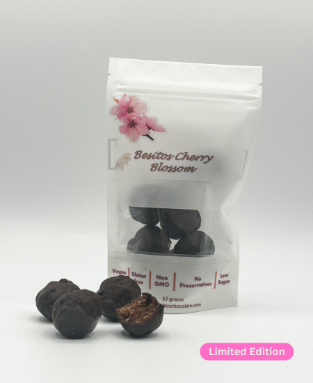 Handcrafted Cherry Blossom Besitos made with Ecuadorian cacao and rice crisps