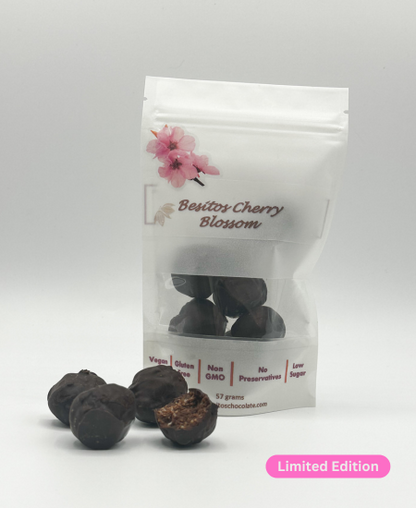 Handcrafted Cherry Blossom Besitos made with Ecuadorian cacao and rice crisps
